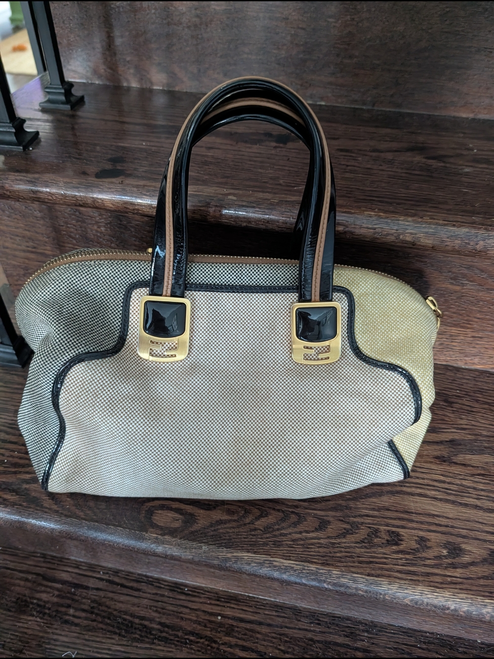 Fendi Beige and Black Chameleon Structured Canvas /Leather Satchel Handbag